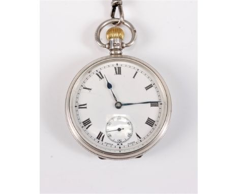 A Dennison silver open faced pocket watch, the white enamel dial with black Roman numerals, hands and seconds markers, subsid