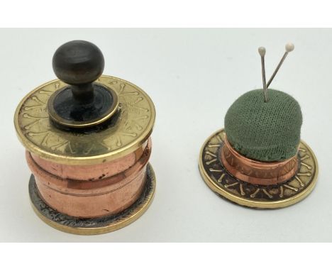 2 small novelty items made from brass and copper fixings and old coins. A lidded trinket/pill box together with a small pin c