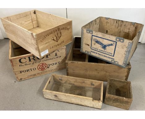 A collection of wooden boxes to include advertising. Examples include Croft Port, Norwich; Chateau la Clariere, Laithwaite an