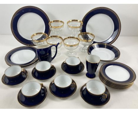 A collection of Romonov cobalt blue &amp; gilt tea ware together with a set of 6 glass sundae glasses. And 2 other matching p