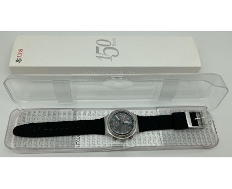 A boxed limited edition UBS 150 year anniversary Irony Swatch watch SR936SW. Aluminium cased chronograph watch with black sil