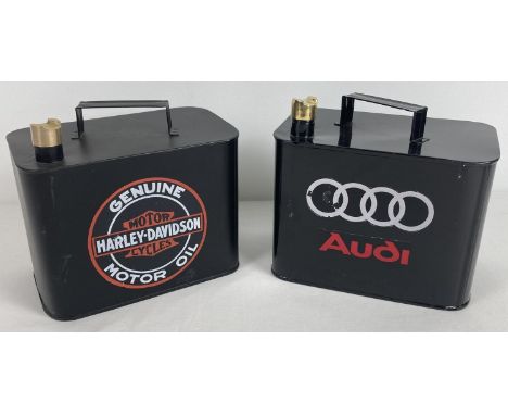 2 small modern metal fuel cans with brass screw top lids. Gloss finish with Audi decals and a matt finish with printed Harley