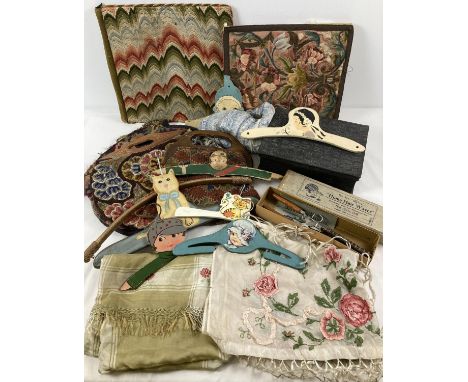 A collection of misc vintage items. To include a boxed "Harlene" home hair waver, silk embroidered shawls/scarves, tapestry w