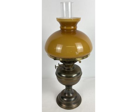 A vintage Duplex double wick brass oil lamp with glass chimney and shade. Total height approx. 50cm tall. 