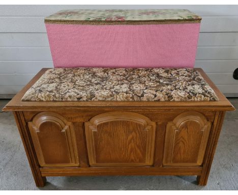 2 vintage large linen chests with hinged lift up lids. A mid century loom basket, painted pink with floral vinyl seated lid. 