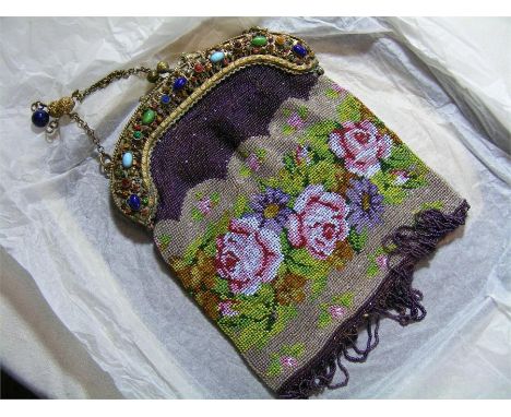 A vintage Bead Purse, decorated with Roses, gilt clasp set with various coloured stones. Approx 22cm x 16cm.