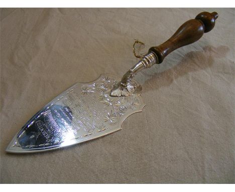 A Victorian ceremonial silver Trowel, inscribed "Presented to the Right Reverend J B Lightfoot DD Lord Bishop of Durham on th