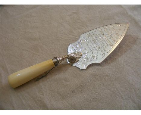 A Victorian ceremonial silver Trowel, inscribed "Presented to the Right Reverend Joseph Barber Lightfoot DD Lord Bishop of Du