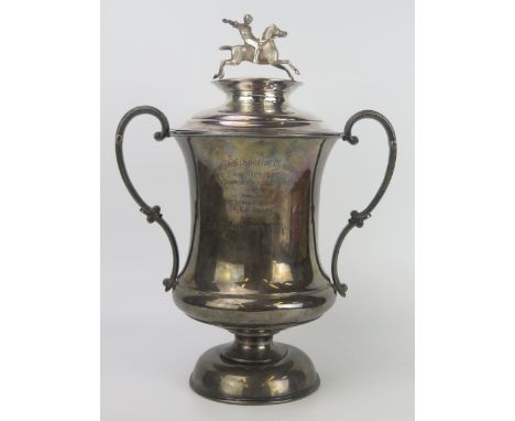 Indian Royal Presentation Silver Horse Racing Trophy _ the campagna shape with two s-scroll handles and chased acanthus leaf 