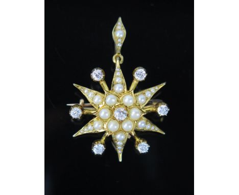 Victorian Pearl (untested) &amp; Diamond Star Pendant Brooch in a 15ct gold setting, diamonds c. 3.5mm, c. 42mm drop, 8.9g 