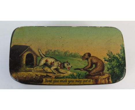 19th Century Snuff Box with cartoon of a monkey and a chained dog beside a kennel with the caption "Don't you wish you may ge
