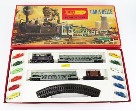 Triang Hornby OO Gauge RS62 Car-A-Belle Train Set with unusual white plastic tray, Class 3F Jinty Tank Loco and Minix Morris 