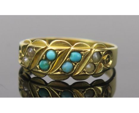 Victorian Turquoise and Pearl Ring in an 18ct hallmarked setting, 8mm wide head, Chester 1884, maker G.B.E.?, size P, 3g 