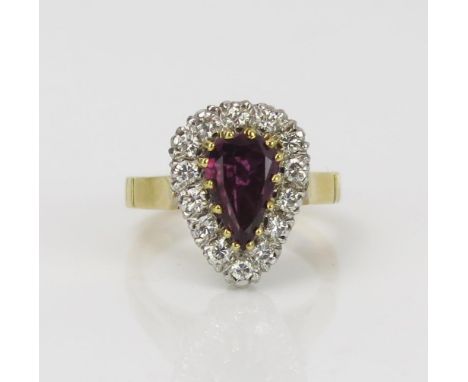 Armandine Garnet? and Diamond Pear Shaped Ring in an unmarked high carat gold setting, 14.2x11mm head, size F, 5.1g