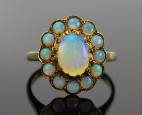 Opal Cluster Ring in a 9ct hallmarked setting, 17x14.5mm head, size P.25, 3.6g 