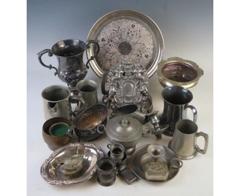 A collection of assorted plated and pewter wares including; trophy cup, salver, sugar basin, mugs etc. 