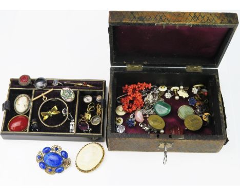 A Collection of Antique Costume Jewellery, an Amethyst swivel seal, a Chinese ring, shirt studs, brooches etc, all contained 