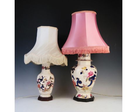 A Masons Ironstone table lamp of octagonal baluster form, with floral decoration in the Imari palette, together with another 