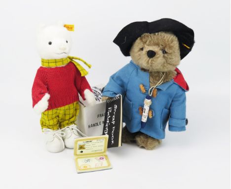 Steiff Famous Teddy Bear Pair - (1) Paddington Bear with Passport 354731, (2) Rupert The Bear 662782 - tallest 27cm 