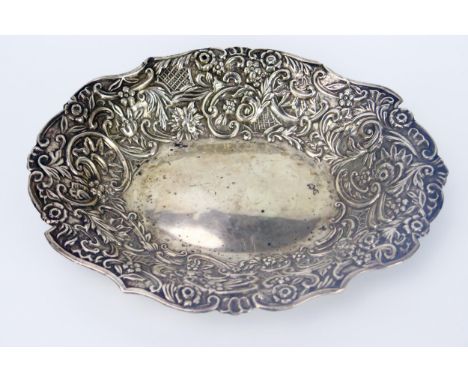 Victorian Silver Shaped Oval Dish with embossed foliate scroll decoration, 23x17.5cm, Chester 1894, James Deakin &amp; Sons, 