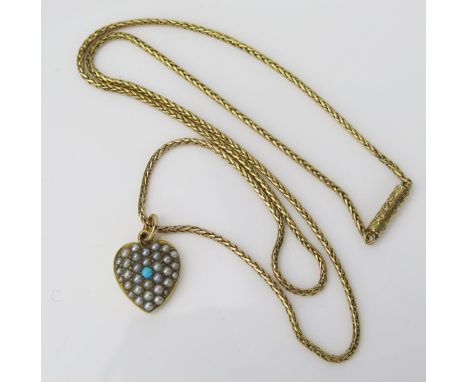 An Antique Gold and Split Seed Pearl Pendant and Articulated Chain, engraved clasp, chain 450mm, pendant with turquoise bead 