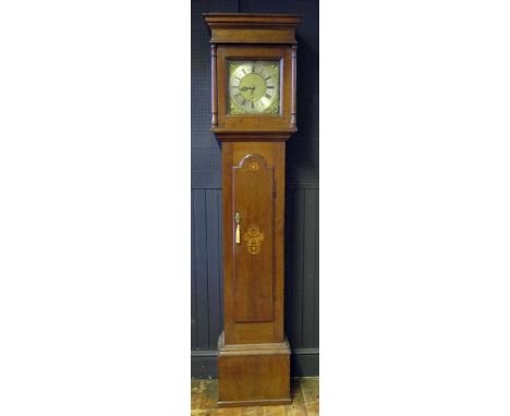 John Joyce, Ellesmere, an early 19th century oak and inlaid longcase clock, with square hood, the arched panelled door with f