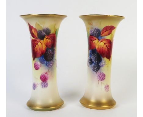 Pair of Royal Worcester Trumpet Vases, decorated with blackberries, signed K. Blake, puce mark 1937, G 923, 15.5cm 6inches,(2