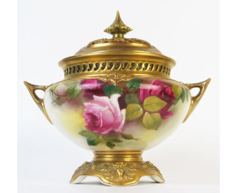 Royal Worcester Potpourri Vase and Cover, the matt gilt cover above a compressed two handled vase with pierced border, decora