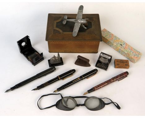 Four Fountain Pens including Burnham No.50, Valentine and two others, pair of antique protective glasses with wire mesh sides