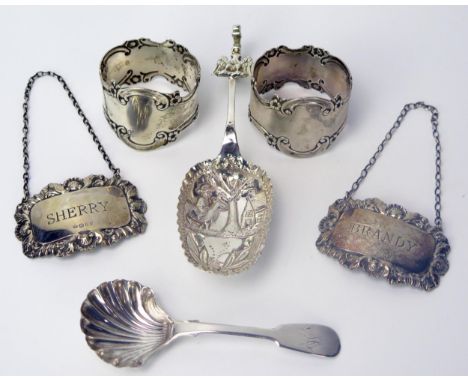 George III Silver Spoon with scallop shaped bowl (Newcastle 1798, Thomas Watson) pair of Victorian London silver napkin rings
