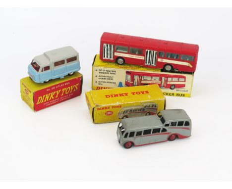 Dinky Bus Trio - (1) 280 Observation Coach - grey, red stripes and ridged hubs, (2) 283 Single Decker Bus - red, white doors 