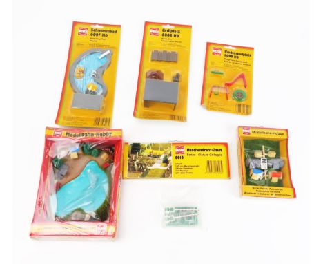 Busch OO / HO Scale Railwayside Scenery group of 7 - including 6007 Swimming Pool, 8052 Lake, 6009 Playground equipment, 8120