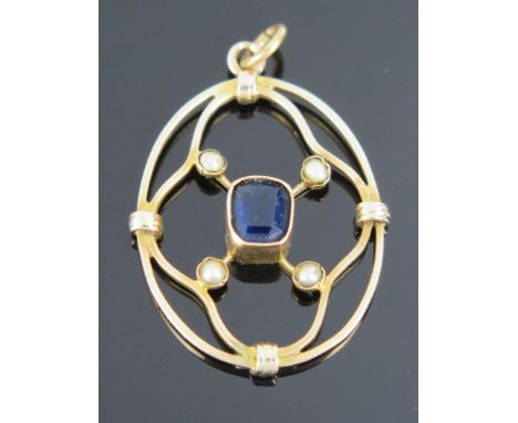 9ct Gold, Pearl and Blue Stone Set Pendant, 35mm drop, 2.3g (untested) 