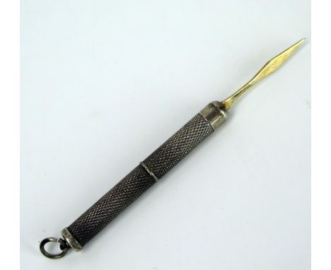 Birmingham Silver Retractable Toothpick with engine turned decoration and gilt blade 