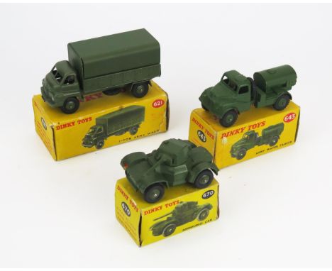 Dinky Military Vehicle Trio including 621 3 Ton Army Wagon, 643 Army Water Tanker and 670 Armoured Car - near mint to near mi