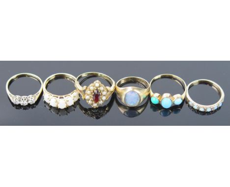 Six 9ct God Rings _ Amethyst and Pearl , together with two opal rings, an opal doublet ring, a turquoise ring and a white sto