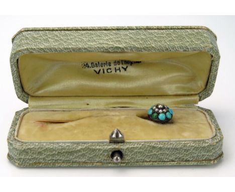 Turquoise and Pearl Stick pin in an unmarked gold setting, 12mm head, 2.5g, in a French box 