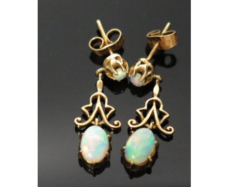 A Pair of Antique Style Opal and 9ct Gold Earring Drops, for pierced ears, hallmarked, large oval bead 7.5x5mm, red, yellow, 