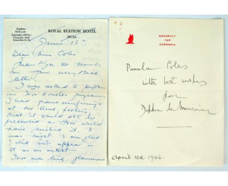 Daphne du Maurier Signature dated April 10th 1946 and written on Menabilly headed paper, sold along with a letter relating to