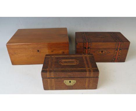 A beech  jewellery box of rectangular outline with fitted interior, 25cm wide, together with a parquetry inlaid tea caddy and
