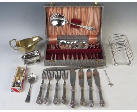 A cased set of plated fruit spoons and forks, assorted plated flatwares, sauce boat, lighter and toast rack 