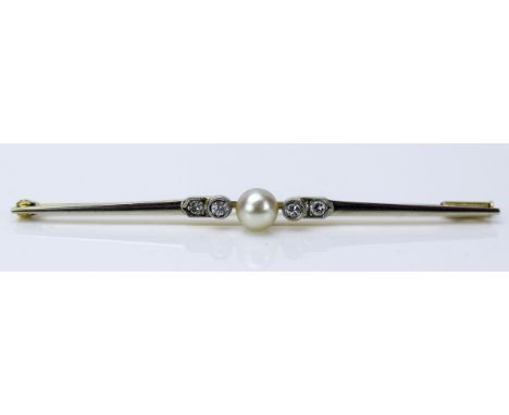 Pearl and Diamond Bar Brooch in a 15ct gold millegrain setting, 67mm, 3.5g, boxed 