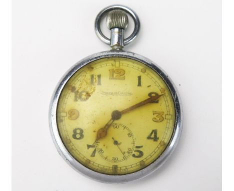 A Jaeger-LeCoultre stainless steel open faced army pocket watch, with 4.5cm Arabic dial and subsidiary seconds dial, the back