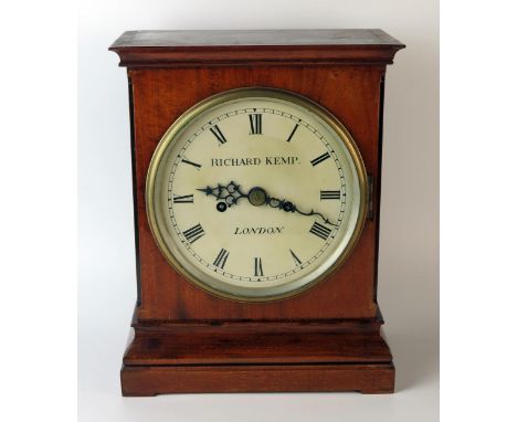 Richard Kemp, London, a 19th century mahogany cased bracket clock, of rectangular outline, with arched fret cut brass panels 