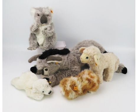 Steiff Group of Animals including Issy Esel Donkey 102004, Lamb 073205, Guinea Pig 071829, Koala 060090, Polar Bear 280085 