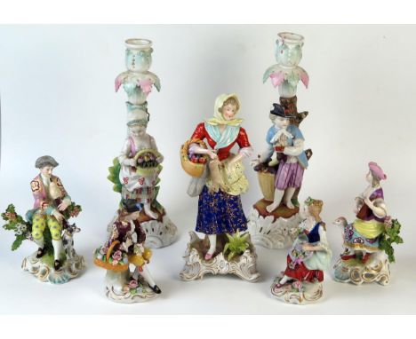 Pair of  19th Century Sitzendorf Candlesticks, fruit and flower seller, four small Dresden figures and a large Sitzendorf gam