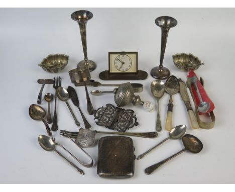 A mixed collection of silver and plated wares, various makers and dates, including a pair of specimen vases, cigarette case, 