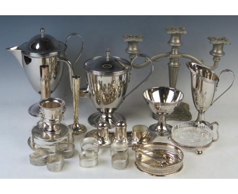 A small collection of assorted plated wares, including twin branch candelabra teapot, hot water jug, etc. 