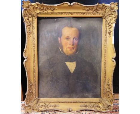 Victorian School, portrait of a gentleman, half length, oil on card, contained within a gilt frame, 59 x 46cm.poor condition,