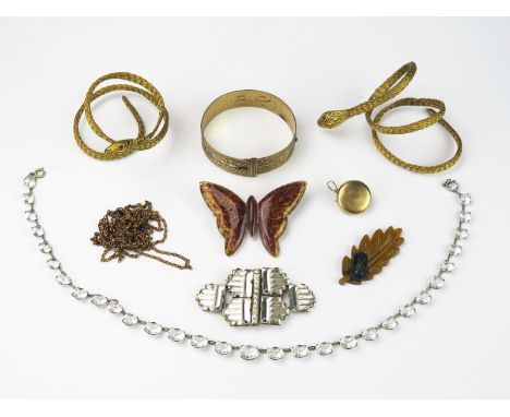 A Collection of mid 20th Century Costume Jewellery, comprising of two snake bangle, two plastic brooches, a white stone neckl